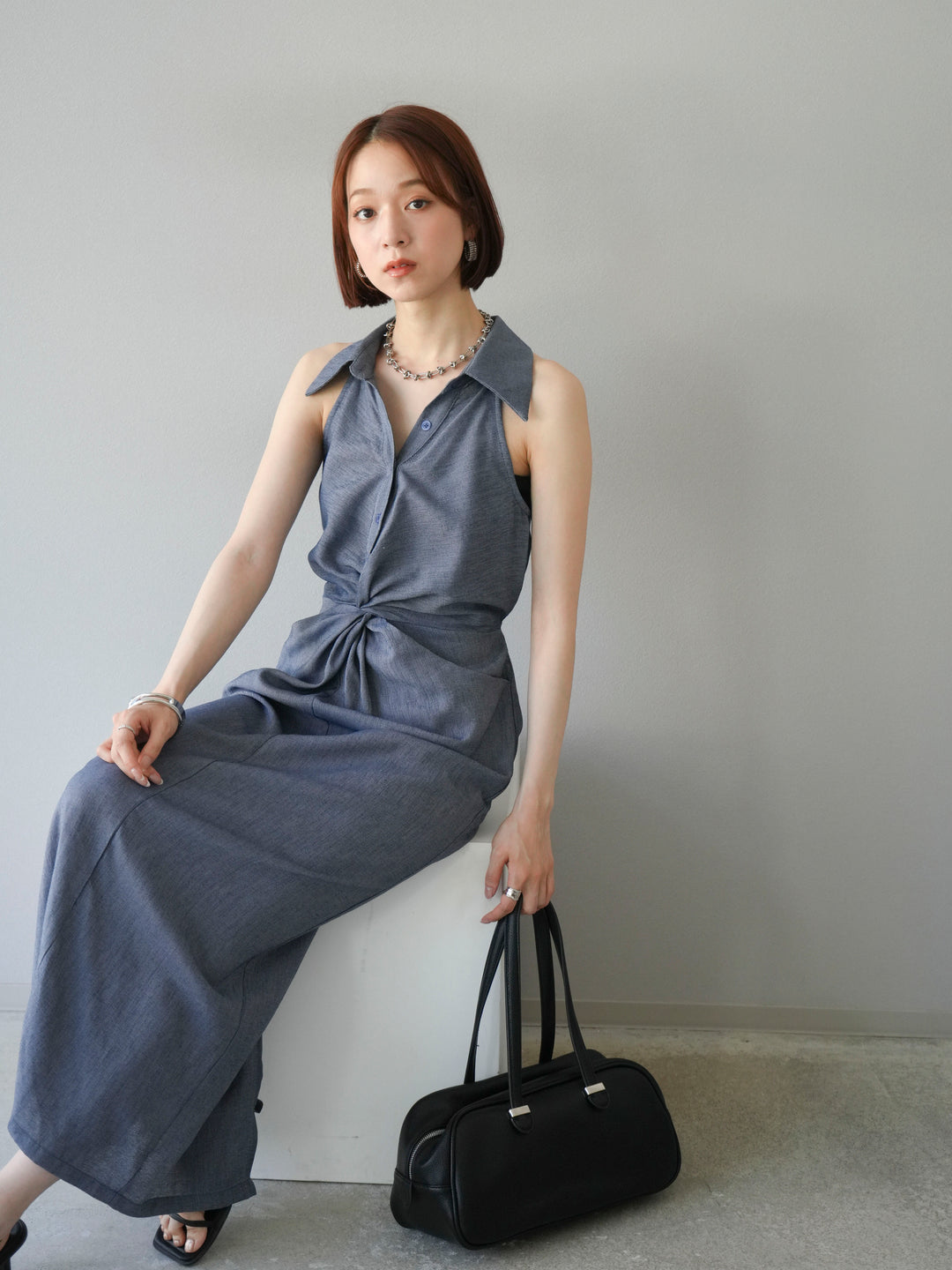 [予約]ツイストリネンタッチワンピース/ネイビー