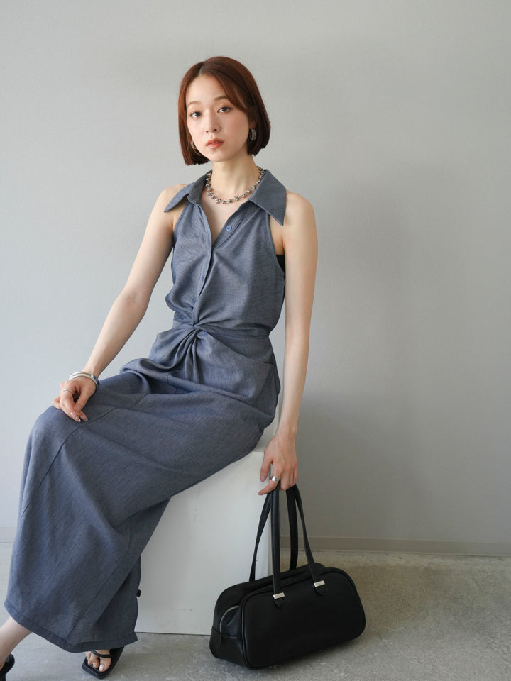 [予約]ツイストリネンタッチワンピース/ネイビー