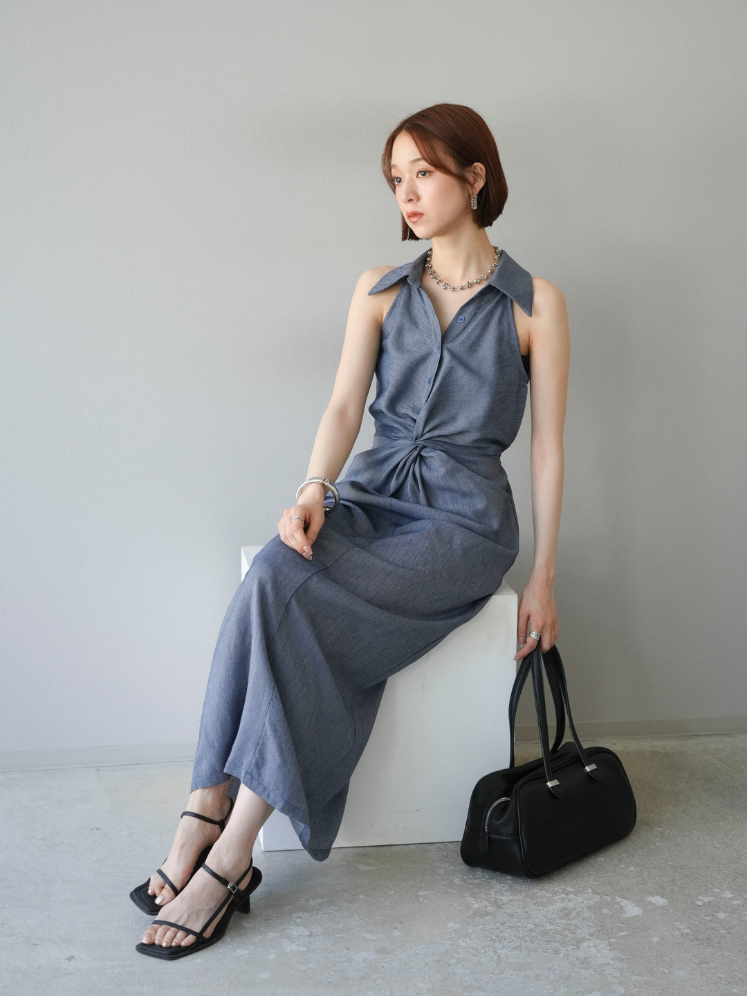 [予約]ツイストリネンタッチワンピース/ネイビー