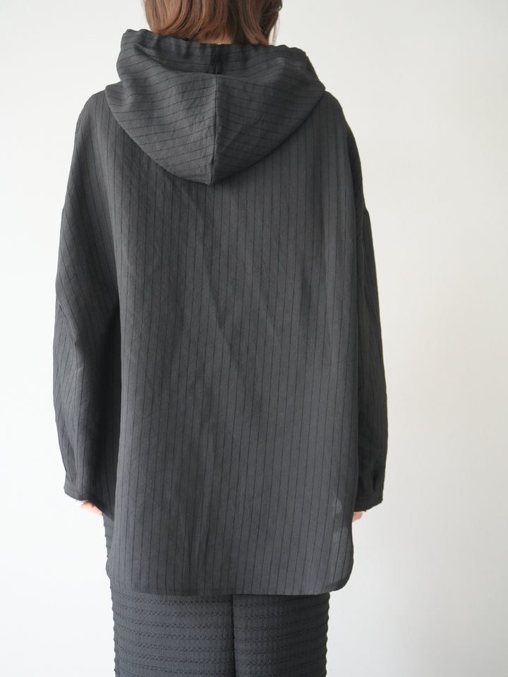 [予約]ワッシャーストライプフーディーシャツ/ブラック