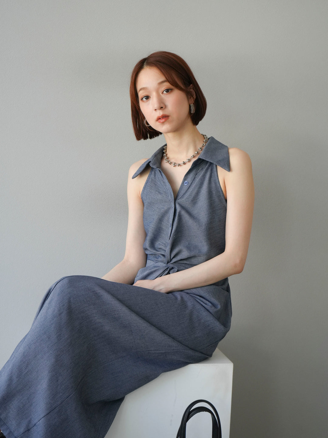 [予約]ツイストリネンタッチワンピース/ネイビー