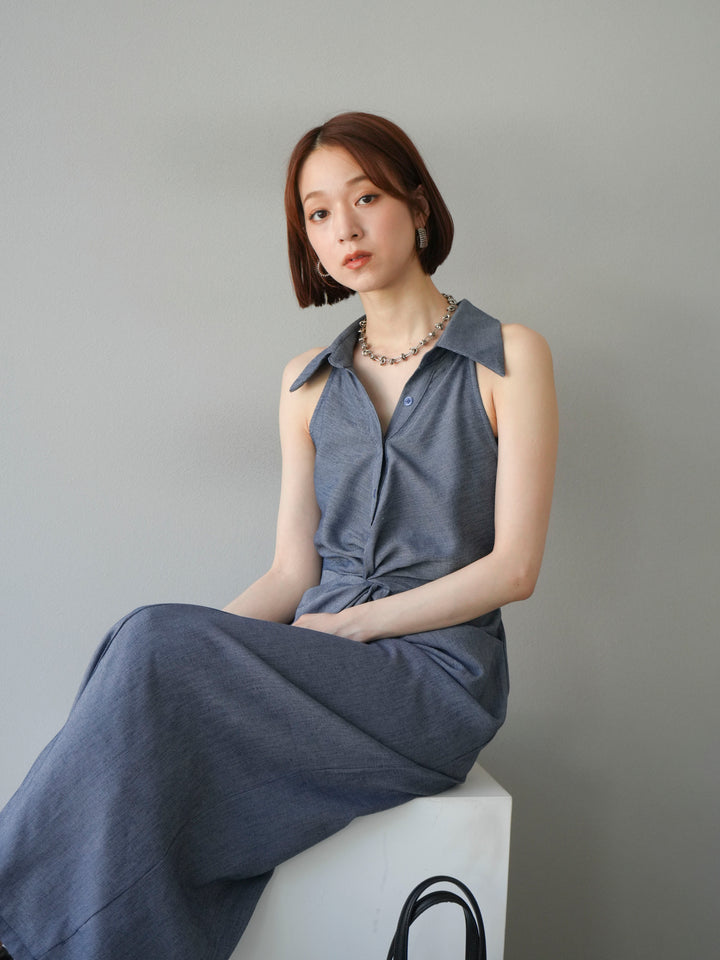 [予約]ツイストリネンタッチワンピース/ネイビー