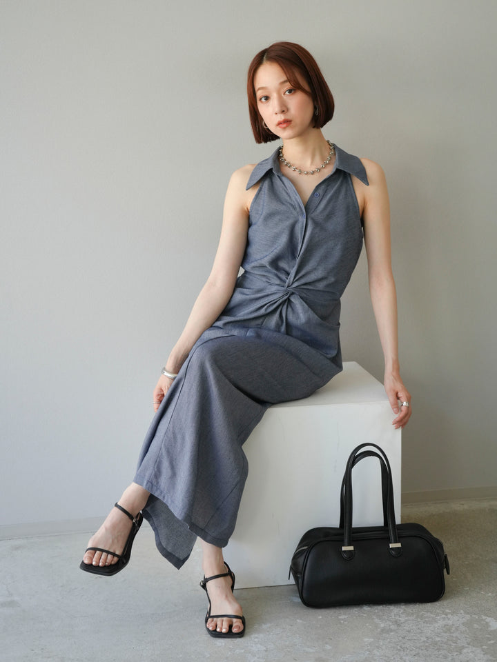 [予約]ツイストリネンタッチワンピース/ネイビー