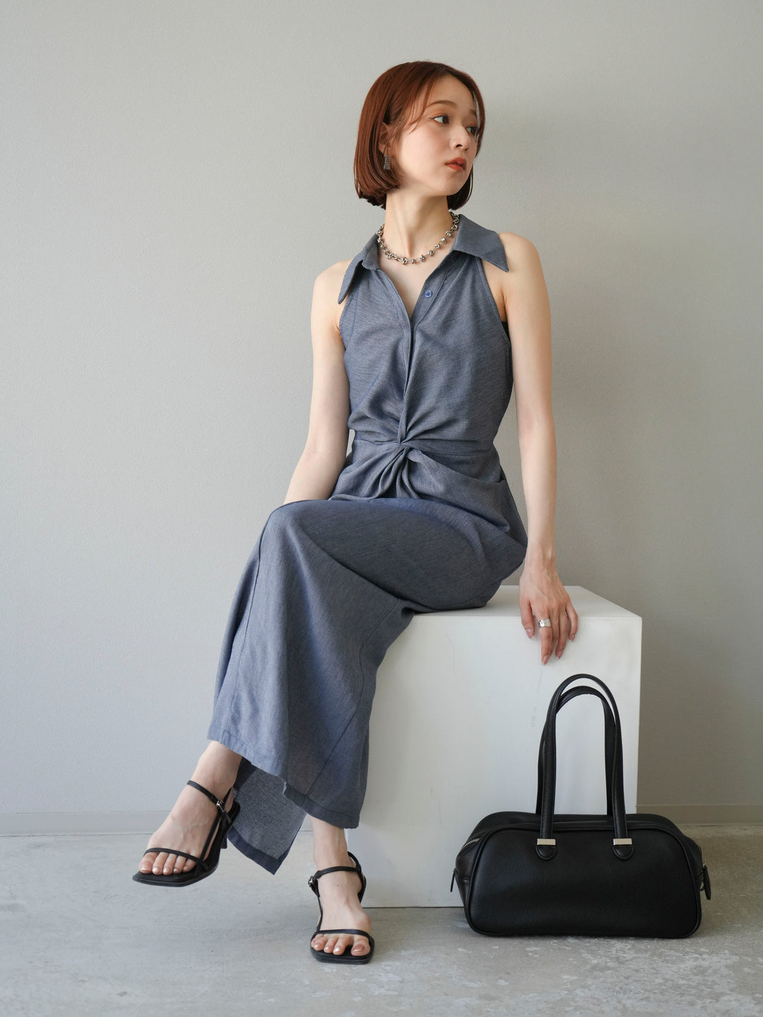 [予約]ツイストリネンタッチワンピース/ネイビー