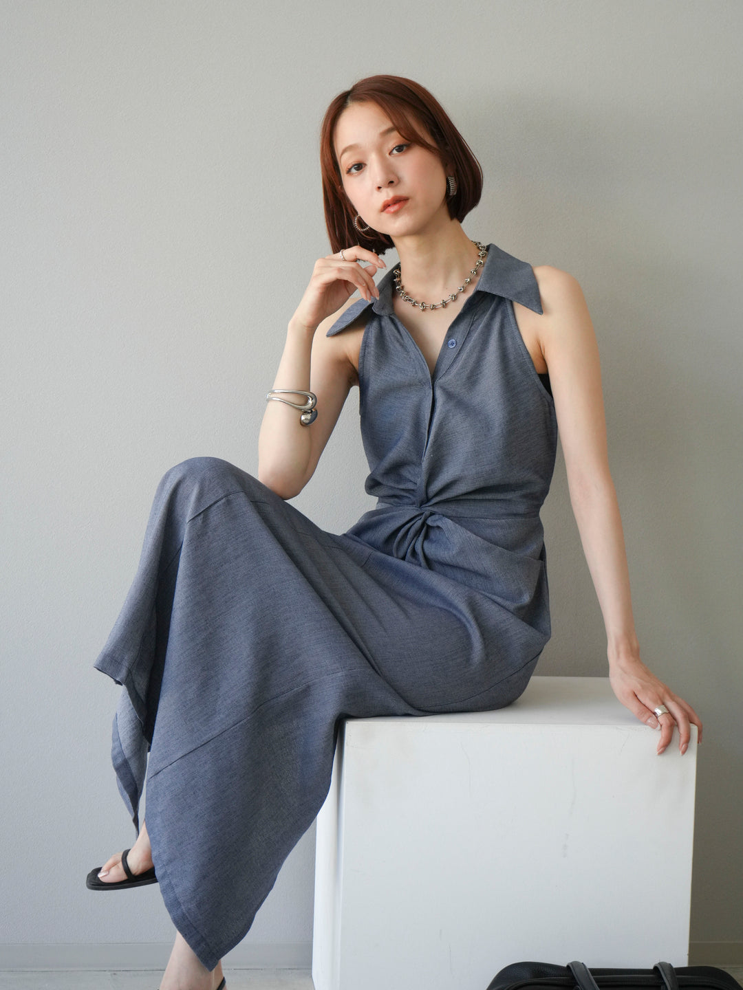 [予約]ツイストリネンタッチワンピース/ネイビー