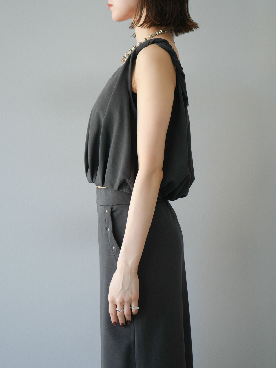 [SET]ミニ裏毛ツイストキャミバルーントップス＆Iラインスカート(2set)