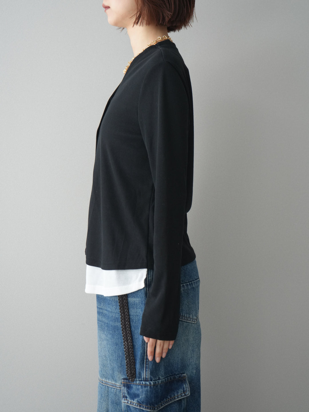 [予約]配色レイヤードカットリブカーディガン/black