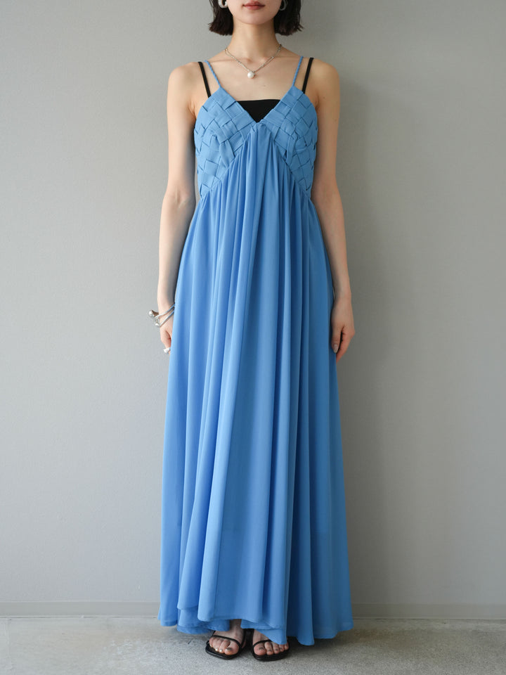 [予約]編み込みデザインシフォンワンピース/ブルー