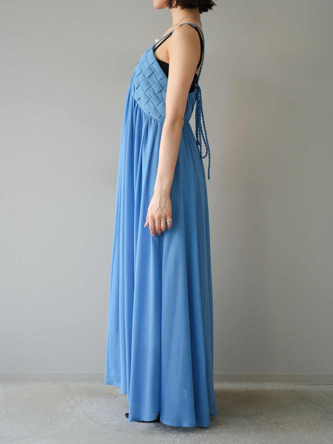 [予約]編み込みデザインシフォンワンピース/ブルー