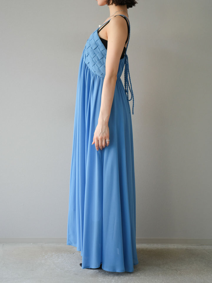 [予約]編み込みデザインシフォンワンピース/ブルー