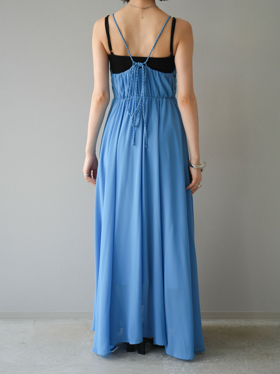 [予約]編み込みデザインシフォンワンピース/ブルー