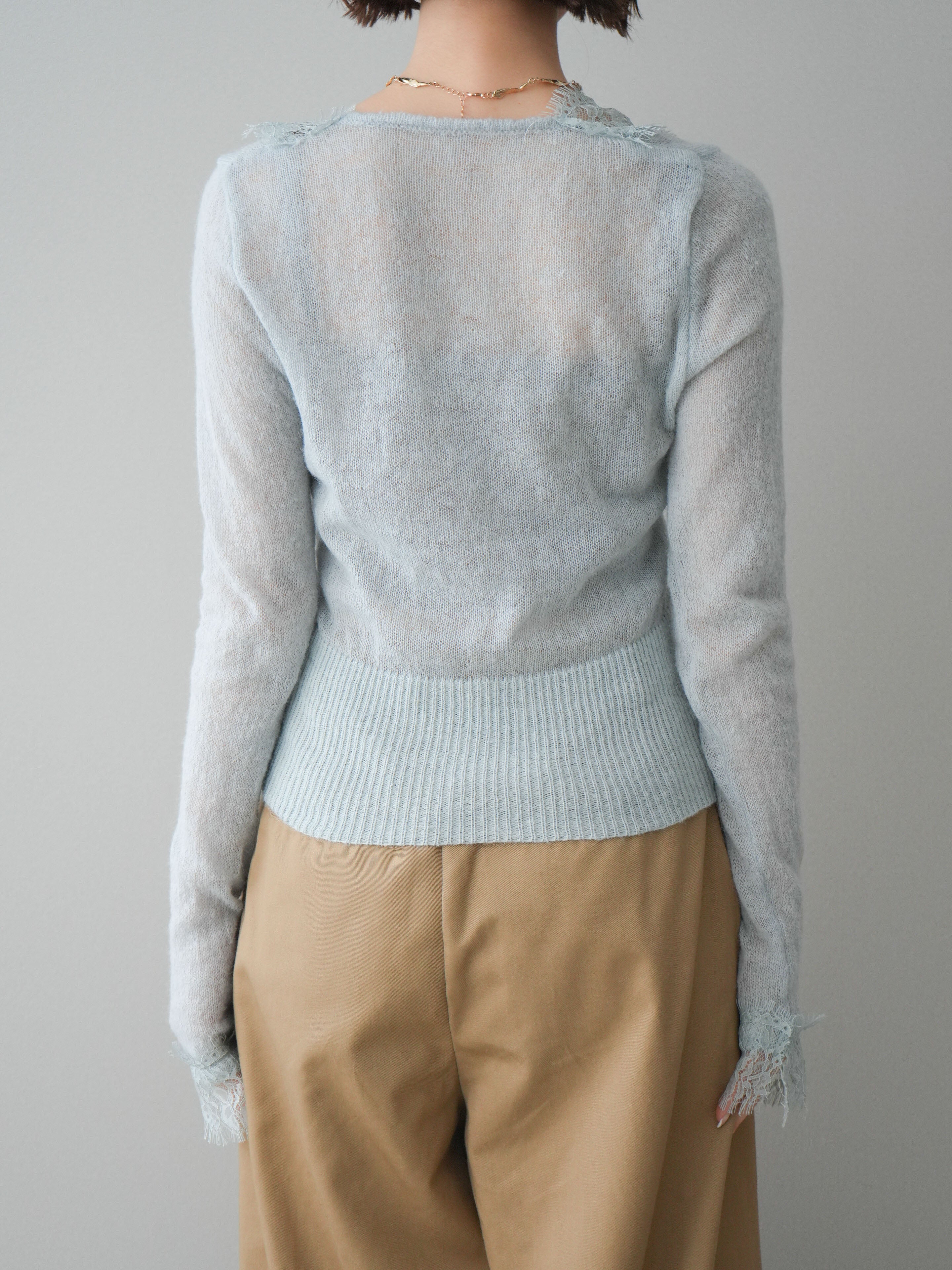 予約]モヘアタッチレースニットカーディガン/sax – Lumier