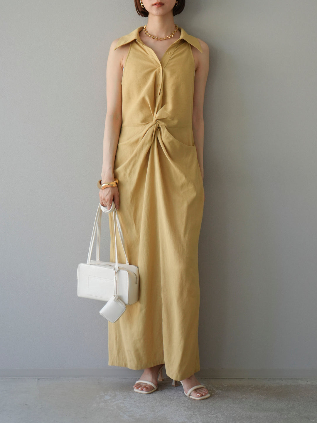 [予約]ツイストリネンタッチワンピース/イエロー