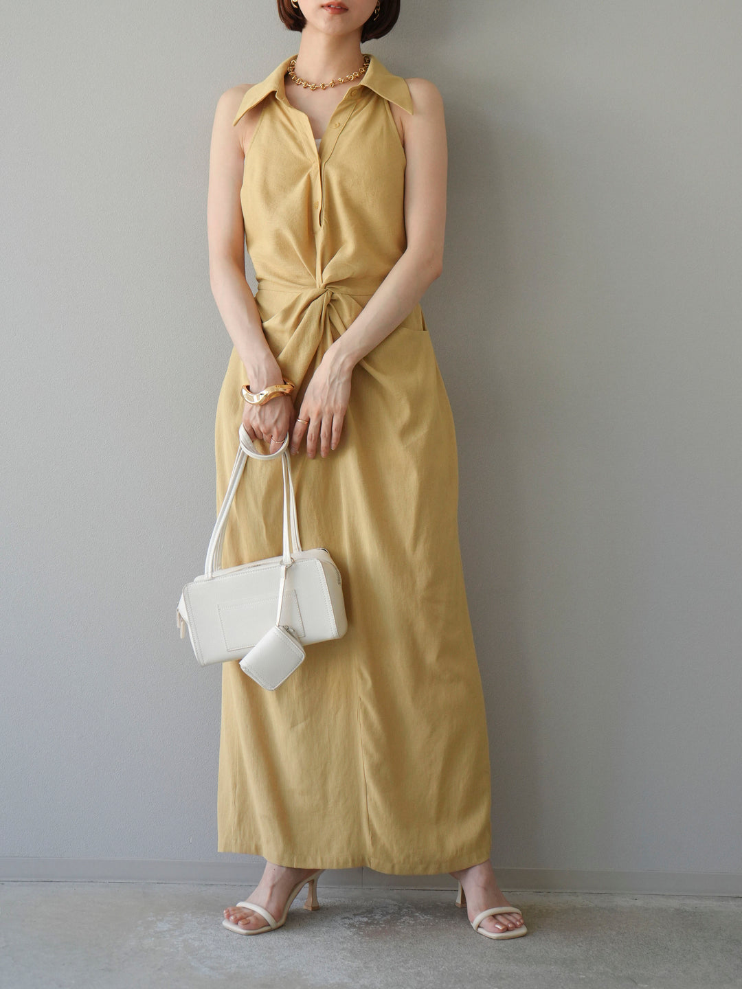 [予約]ツイストリネンタッチワンピース/イエロー