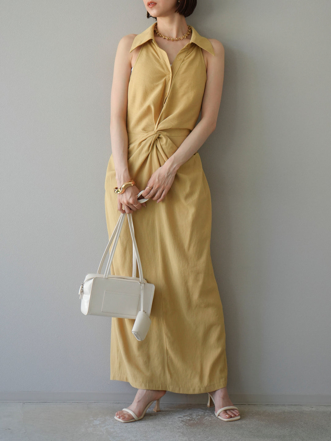 [予約]ツイストリネンタッチワンピース/イエロー