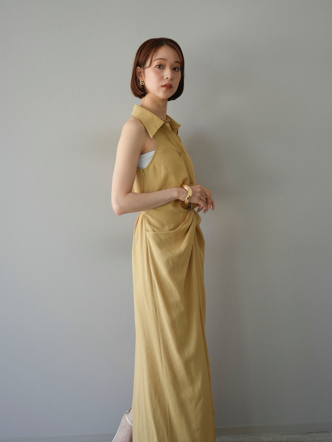 [予約]ツイストリネンタッチワンピース/イエロー