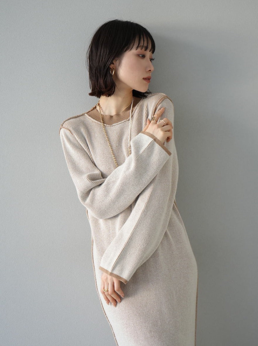 予約]リバーシブル配色リブニットワンピース/アイボリーxベージュ – Lumier