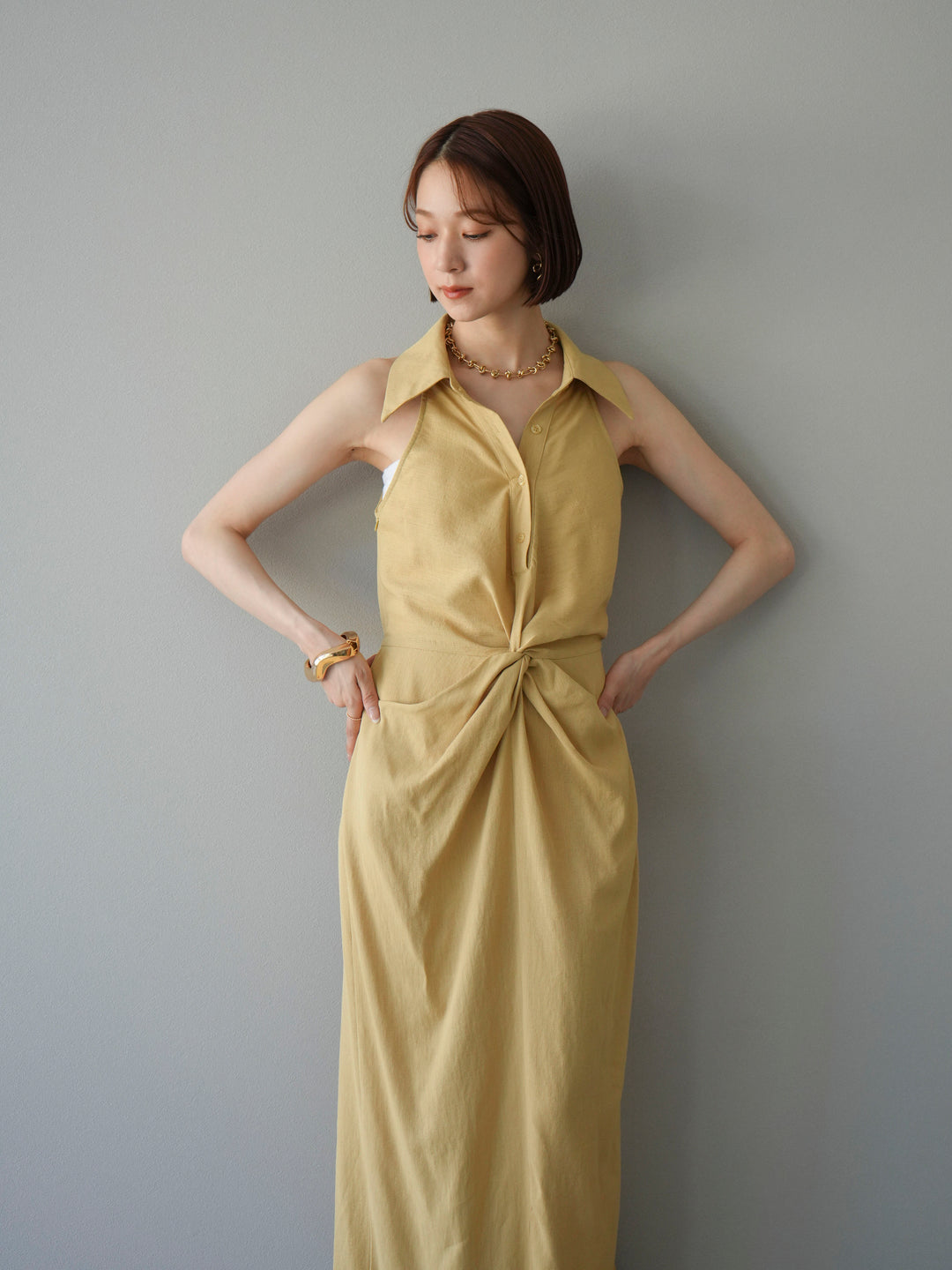 [予約]ツイストリネンタッチワンピース/イエロー