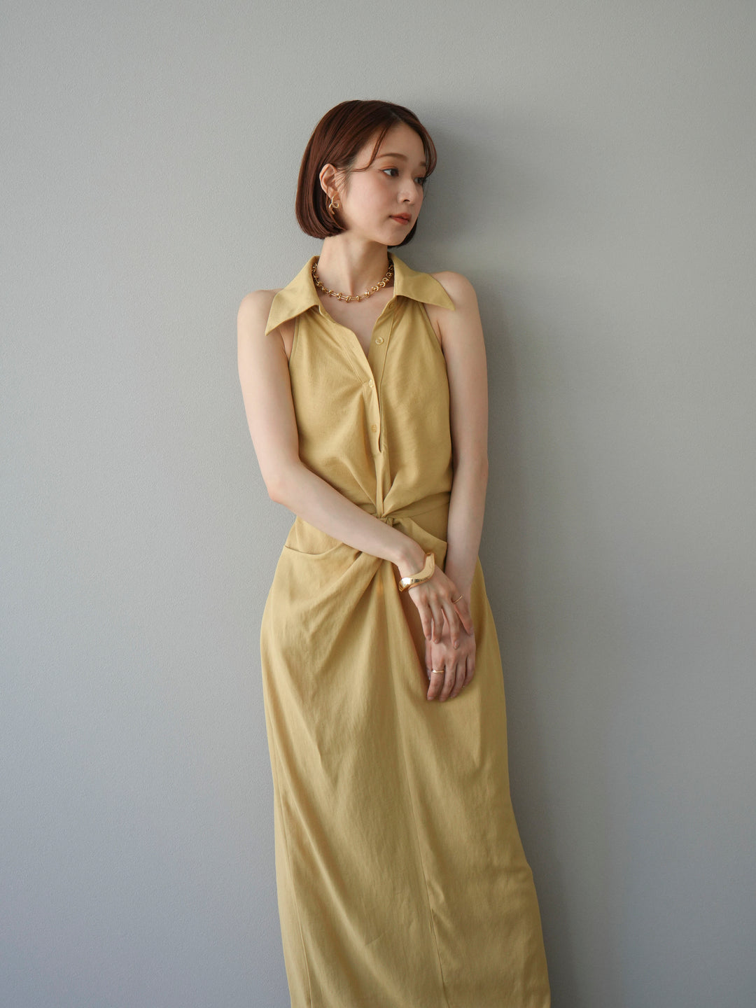 [予約]ツイストリネンタッチワンピース/イエロー