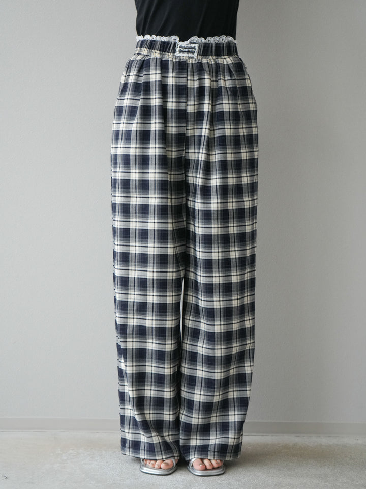 【預購】蕾絲層疊格紋寬褲/藏青色