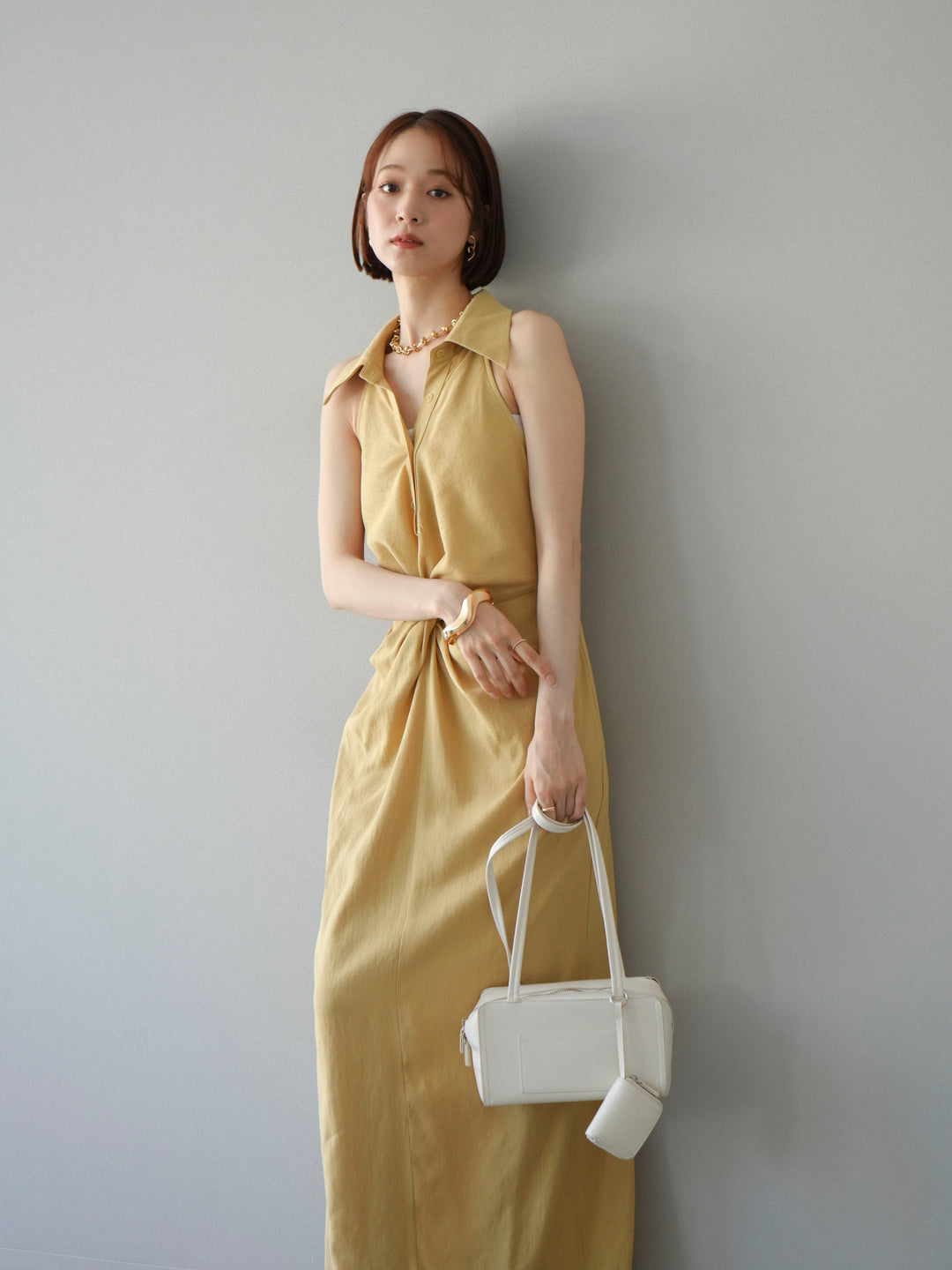 [予約]ツイストリネンタッチワンピース/イエロー