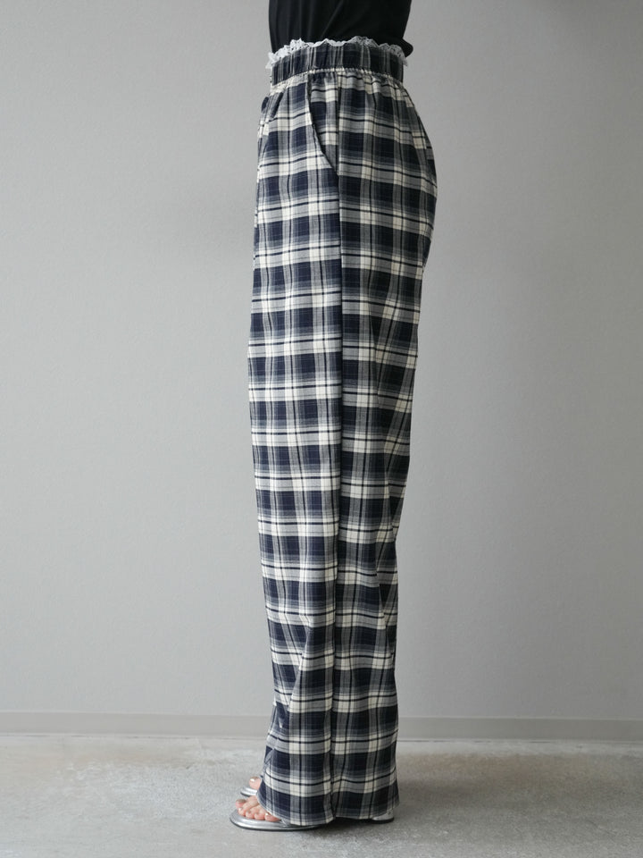 【預購】蕾絲層疊格紋寬褲/藏青色