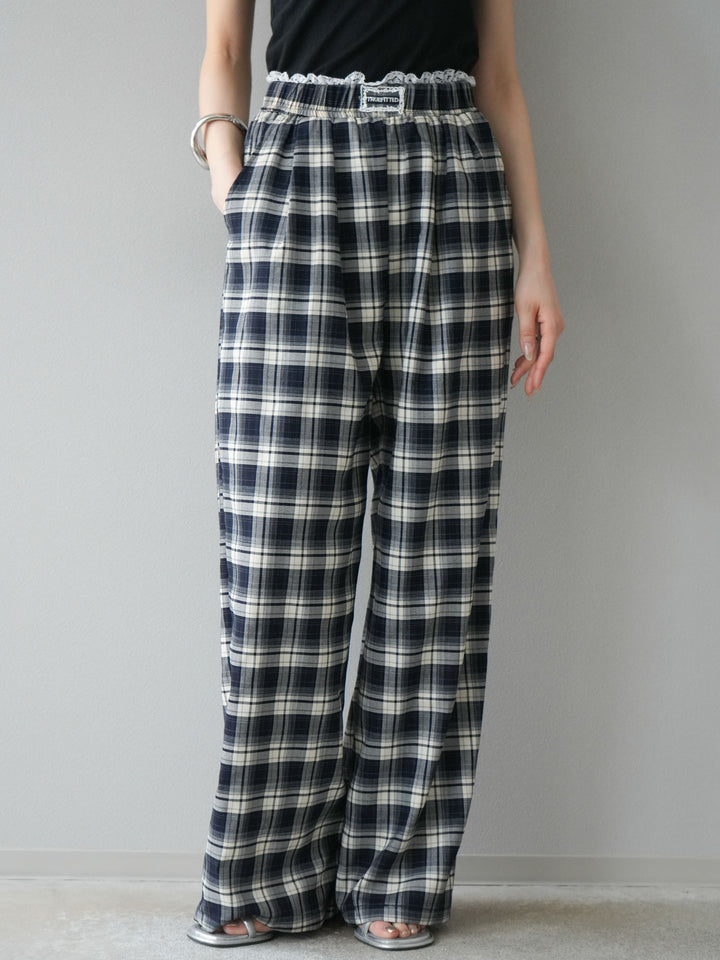 【預購】蕾絲層疊格紋寬褲/藏青色