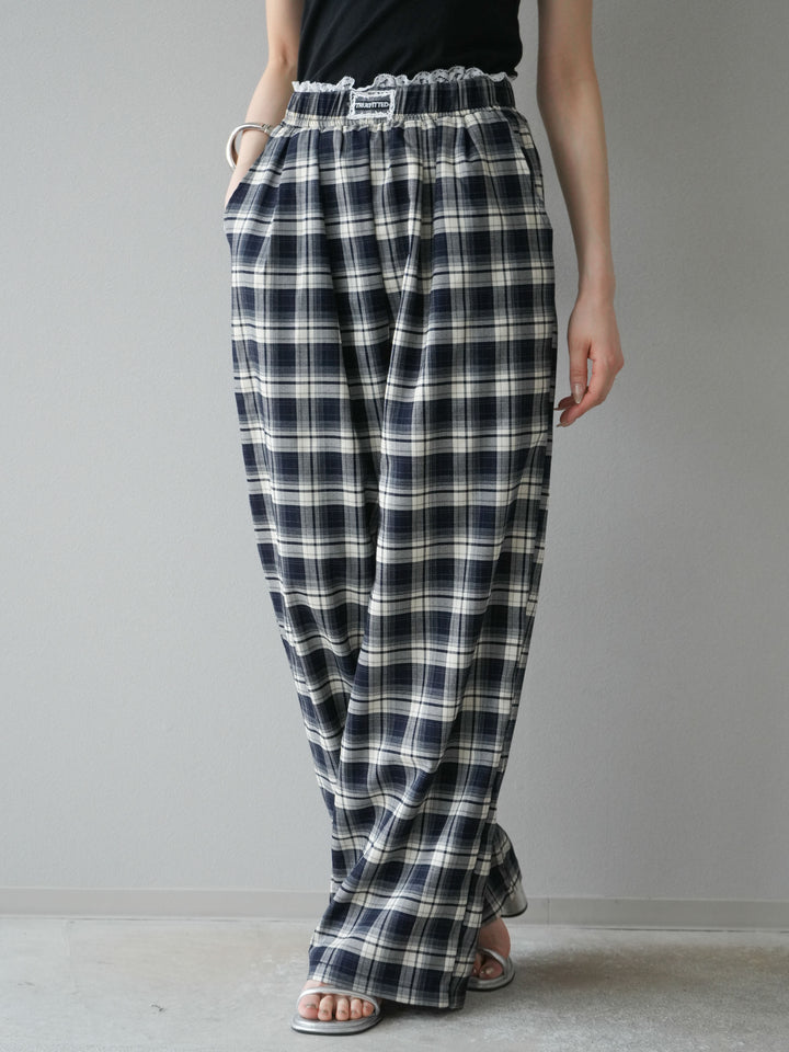 【預購】蕾絲層疊格紋寬褲/藏青色