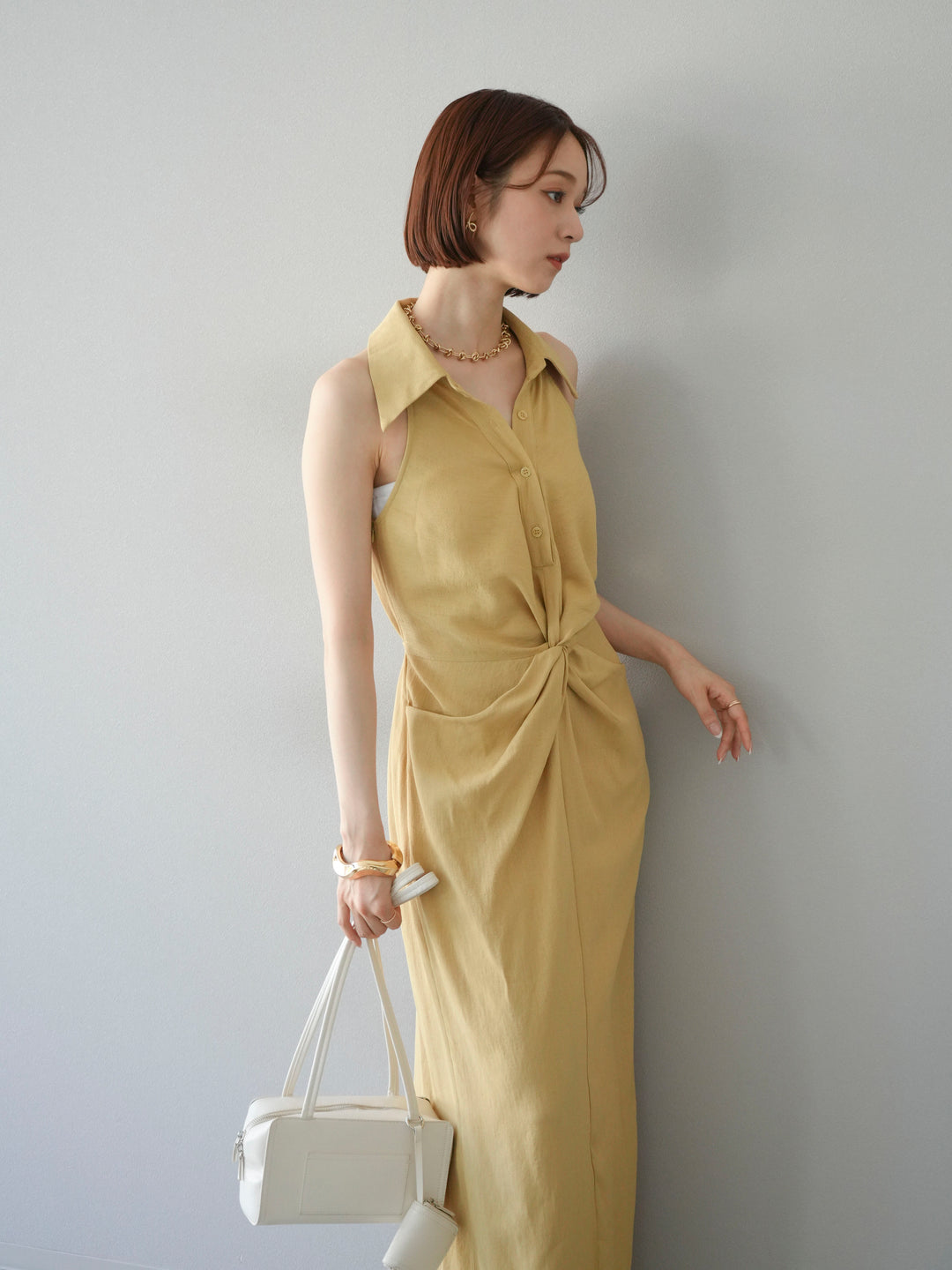 [予約]ツイストリネンタッチワンピース/イエロー