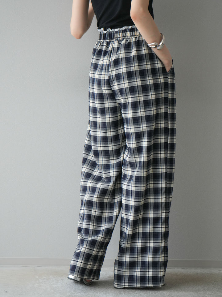 【預購】蕾絲層疊格紋寬褲/藏青色