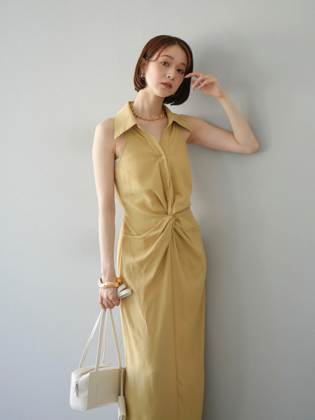 [予約]ツイストリネンタッチワンピース/イエロー