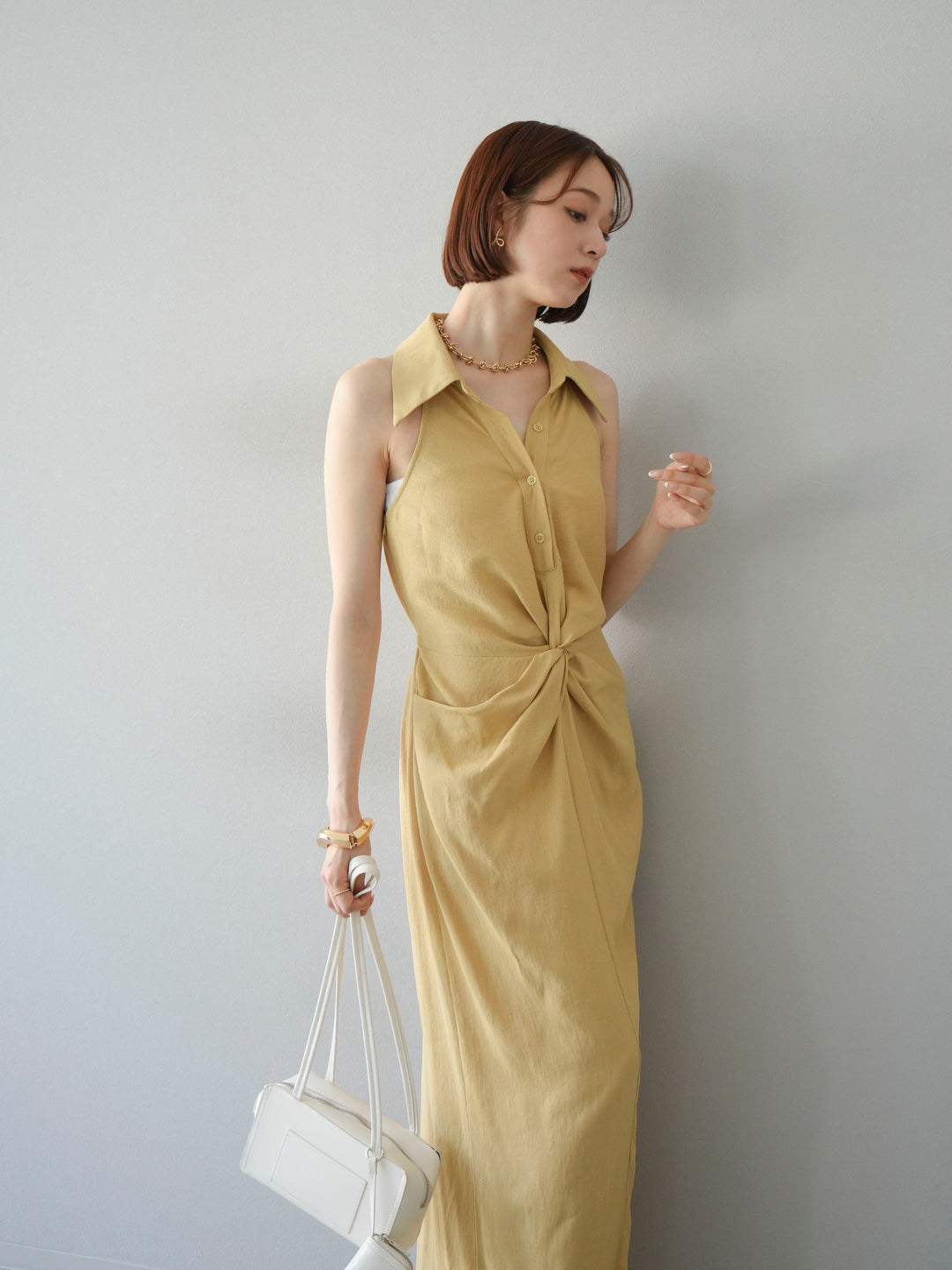 [予約]ツイストリネンタッチワンピース/イエロー