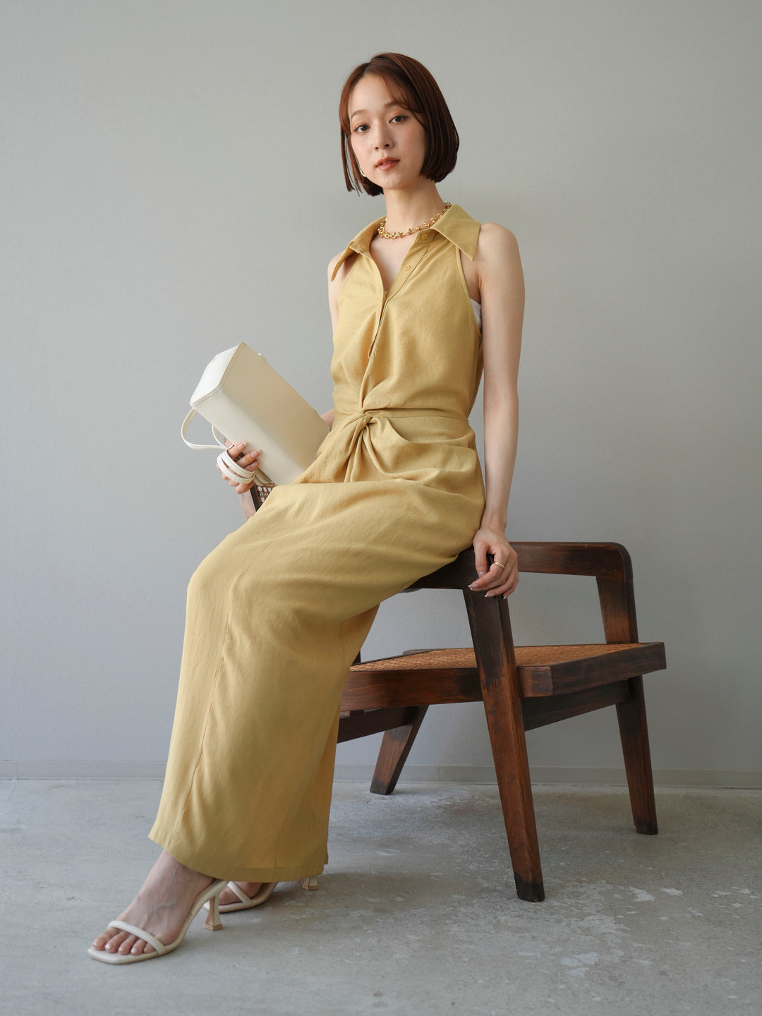 [予約]ツイストリネンタッチワンピース/イエロー