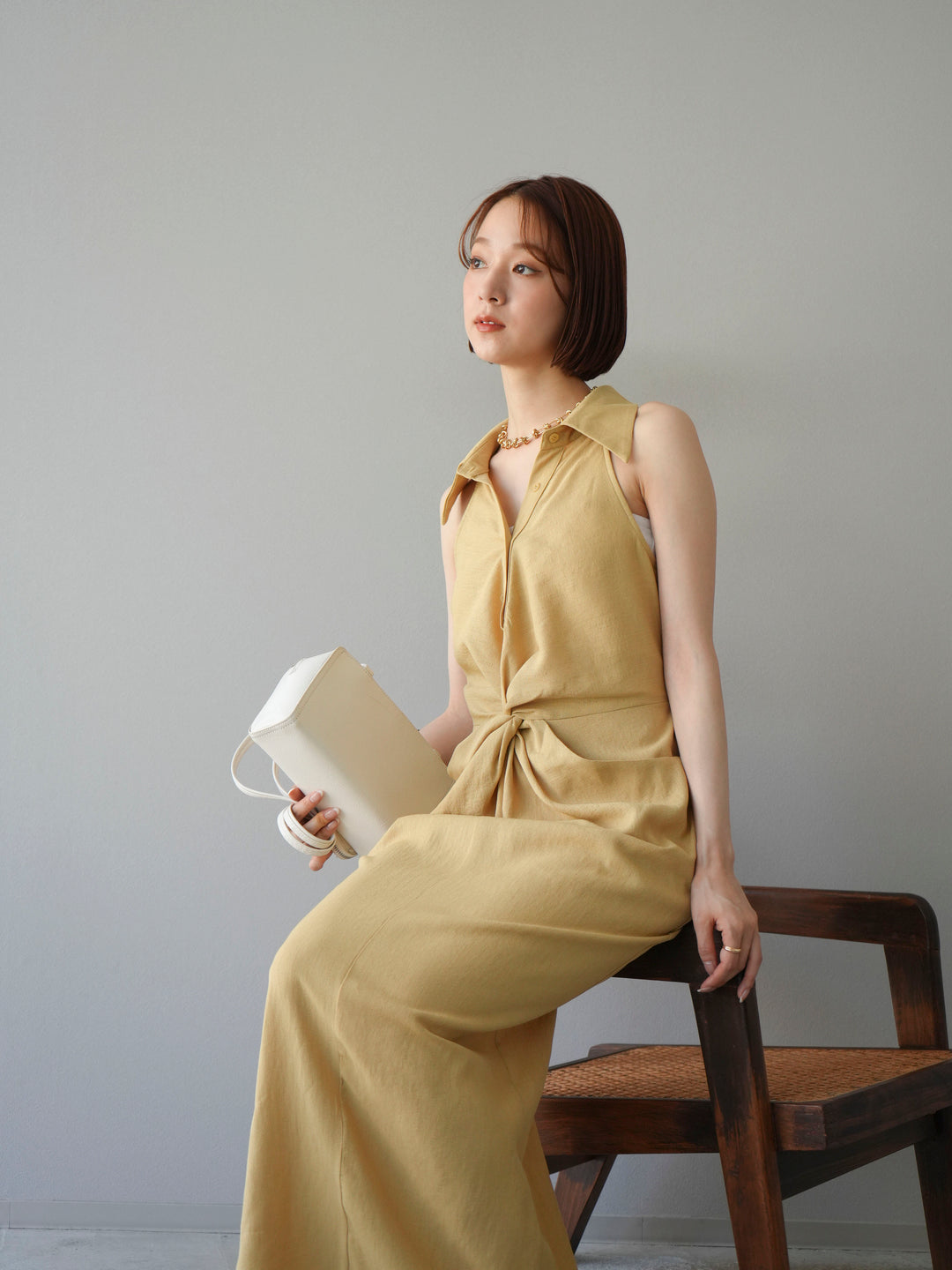 [予約]ツイストリネンタッチワンピース/イエロー