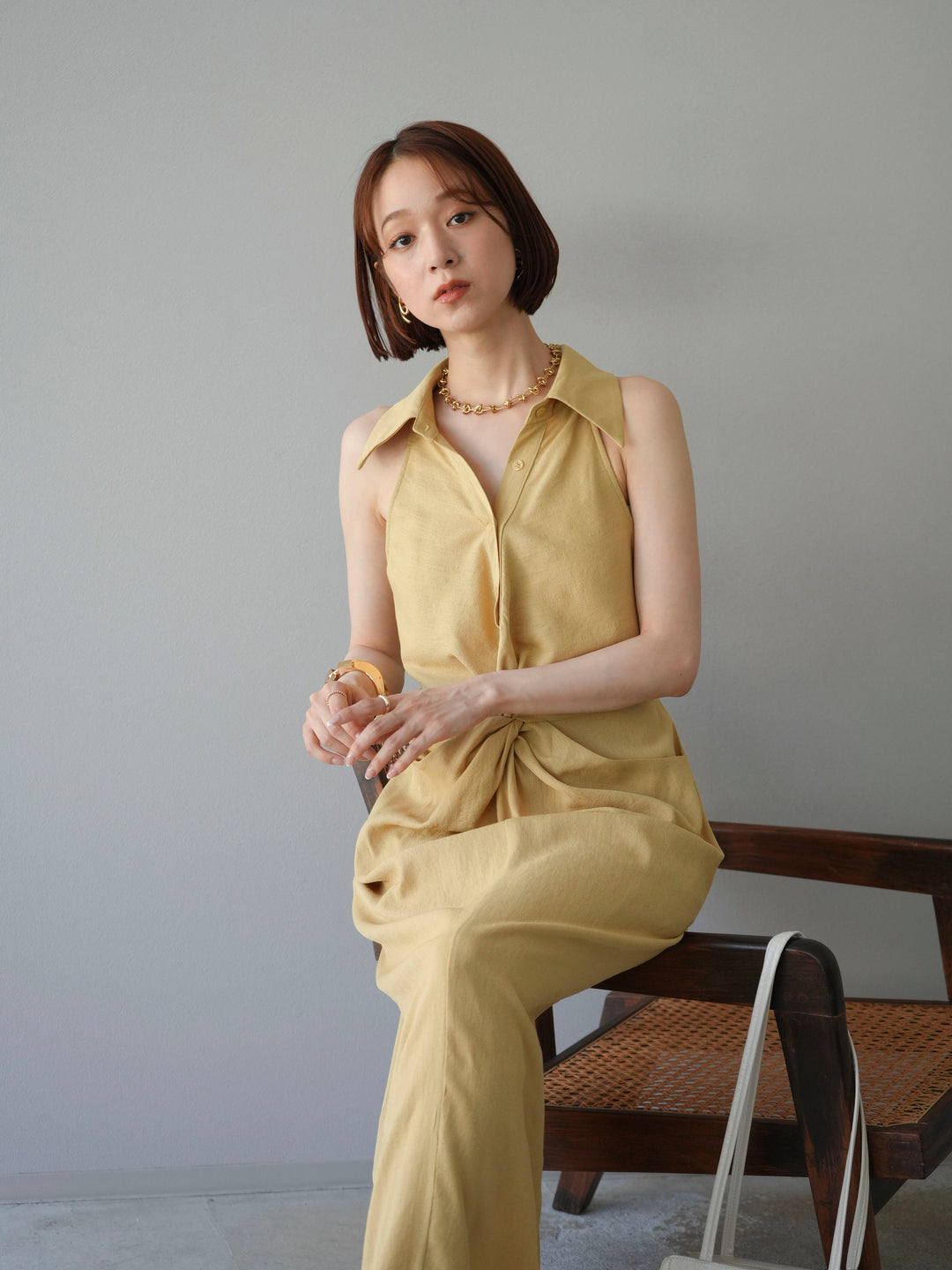 [予約]ツイストリネンタッチワンピース/イエロー