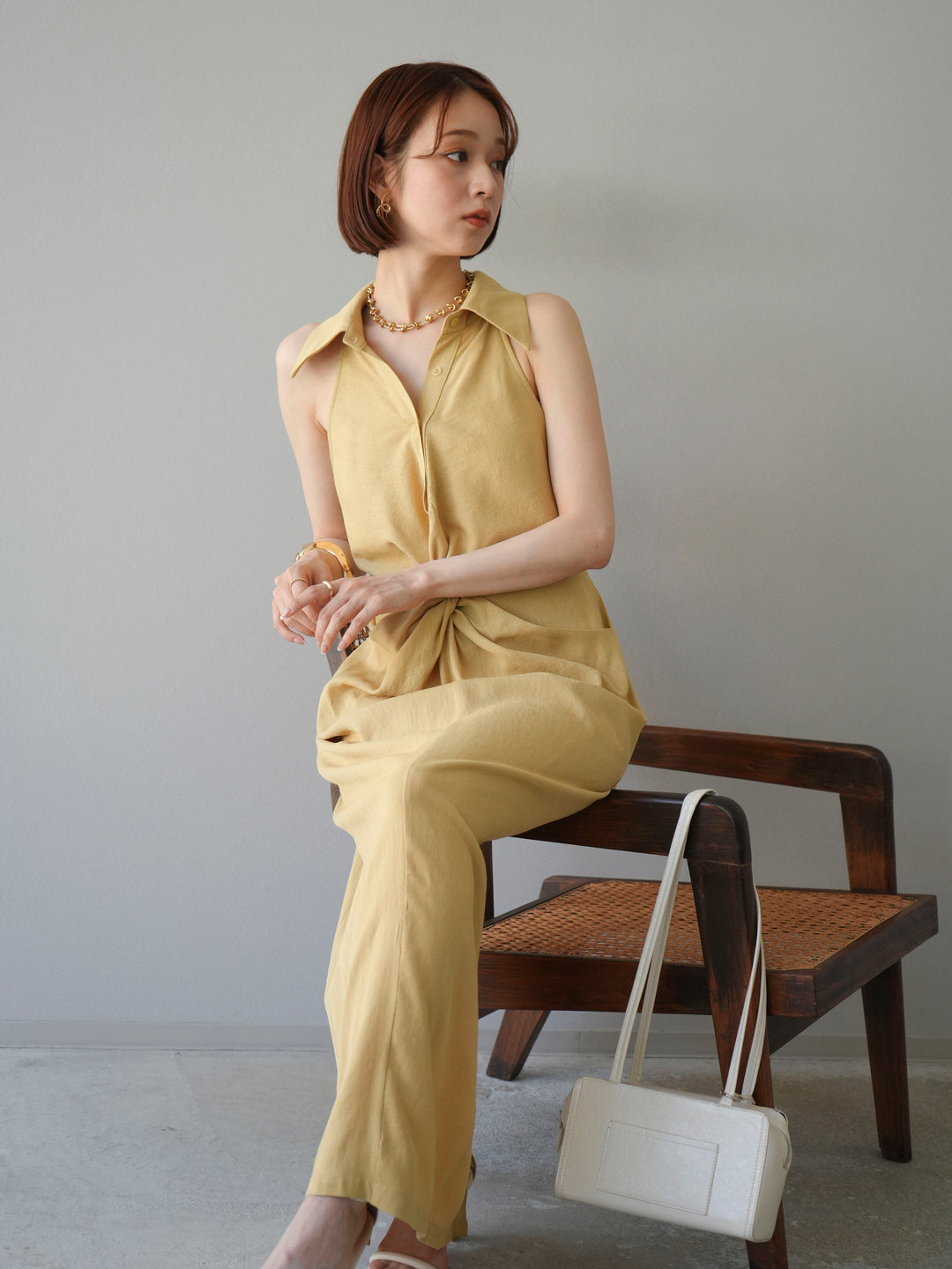 [予約]ツイストリネンタッチワンピース/イエロー