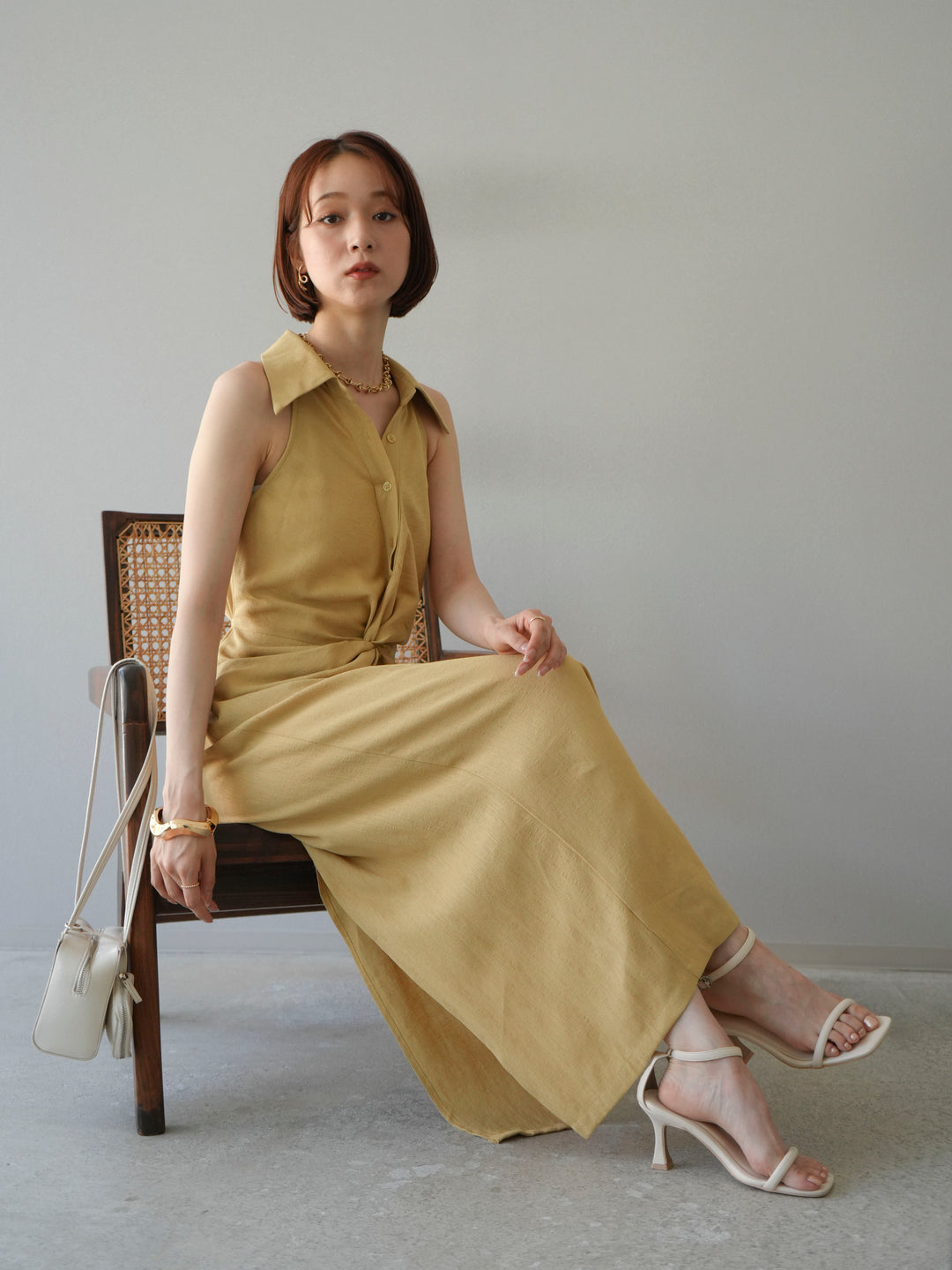 [予約]ツイストリネンタッチワンピース/イエロー