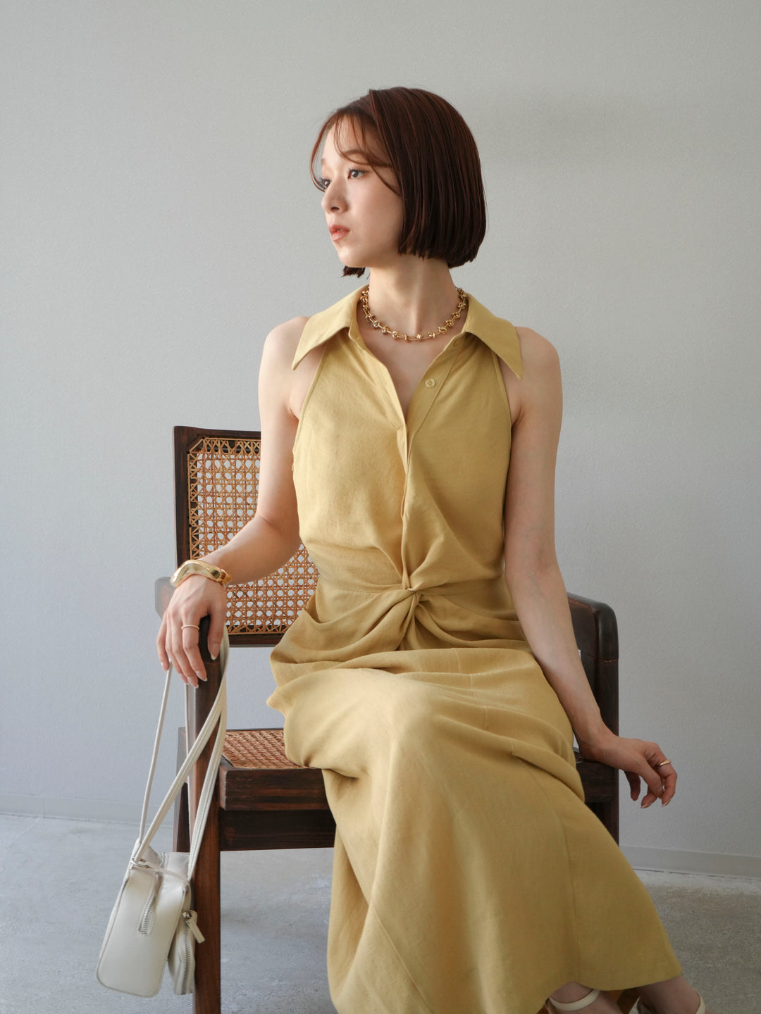 [予約]ツイストリネンタッチワンピース/イエロー