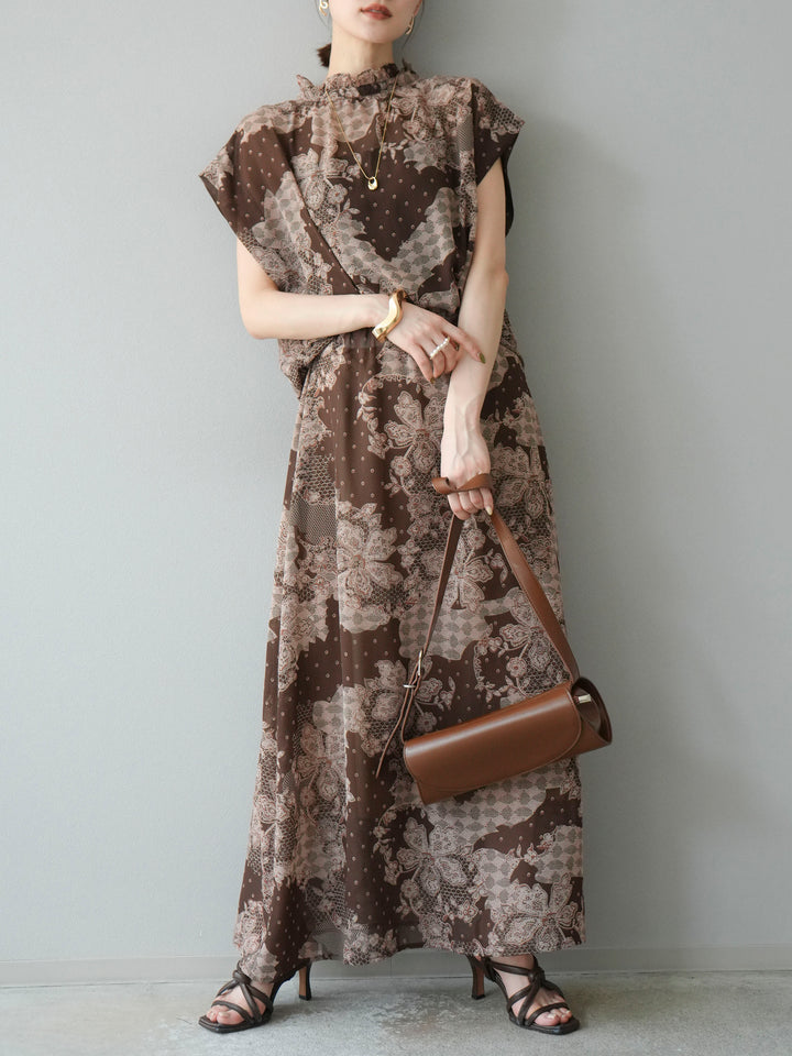 [予約]フラワーパターンフレンチスリーブブラウス/ブラウン