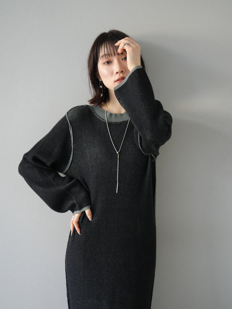 予約]リバーシブル配色リブニットワンピース/ブラックxグリーン – Lumier