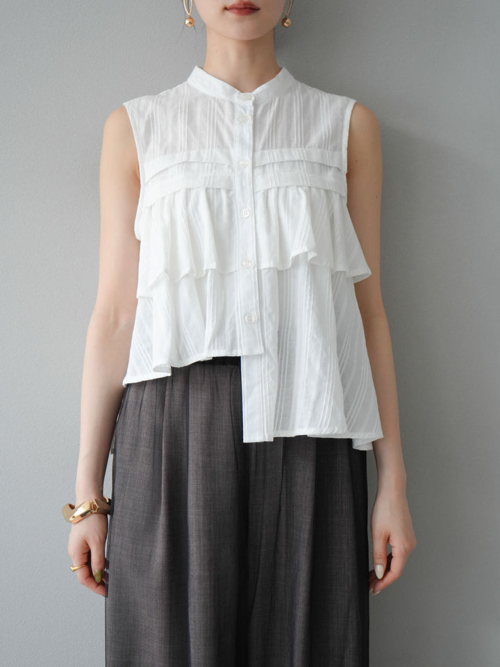[予約]ドビーストライプアシンメトリーフリルノースリブラウス/ホワイト