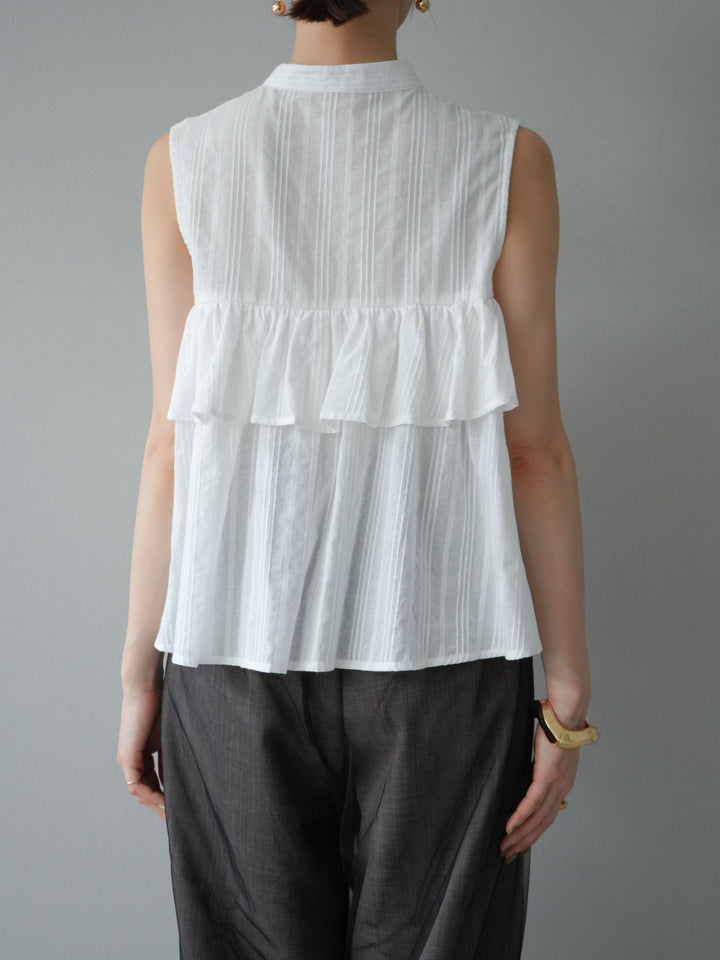 [予約]ドビーストライプアシンメトリーフリルノースリブラウス/ホワイト