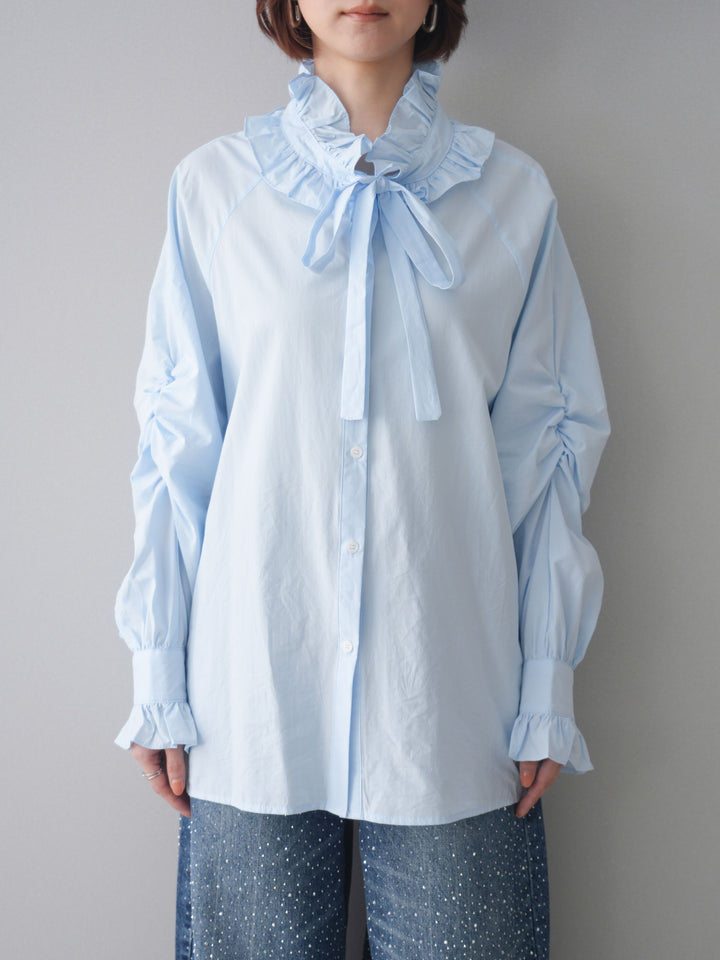 [予約]フリルネックギャザーブラウス/blue