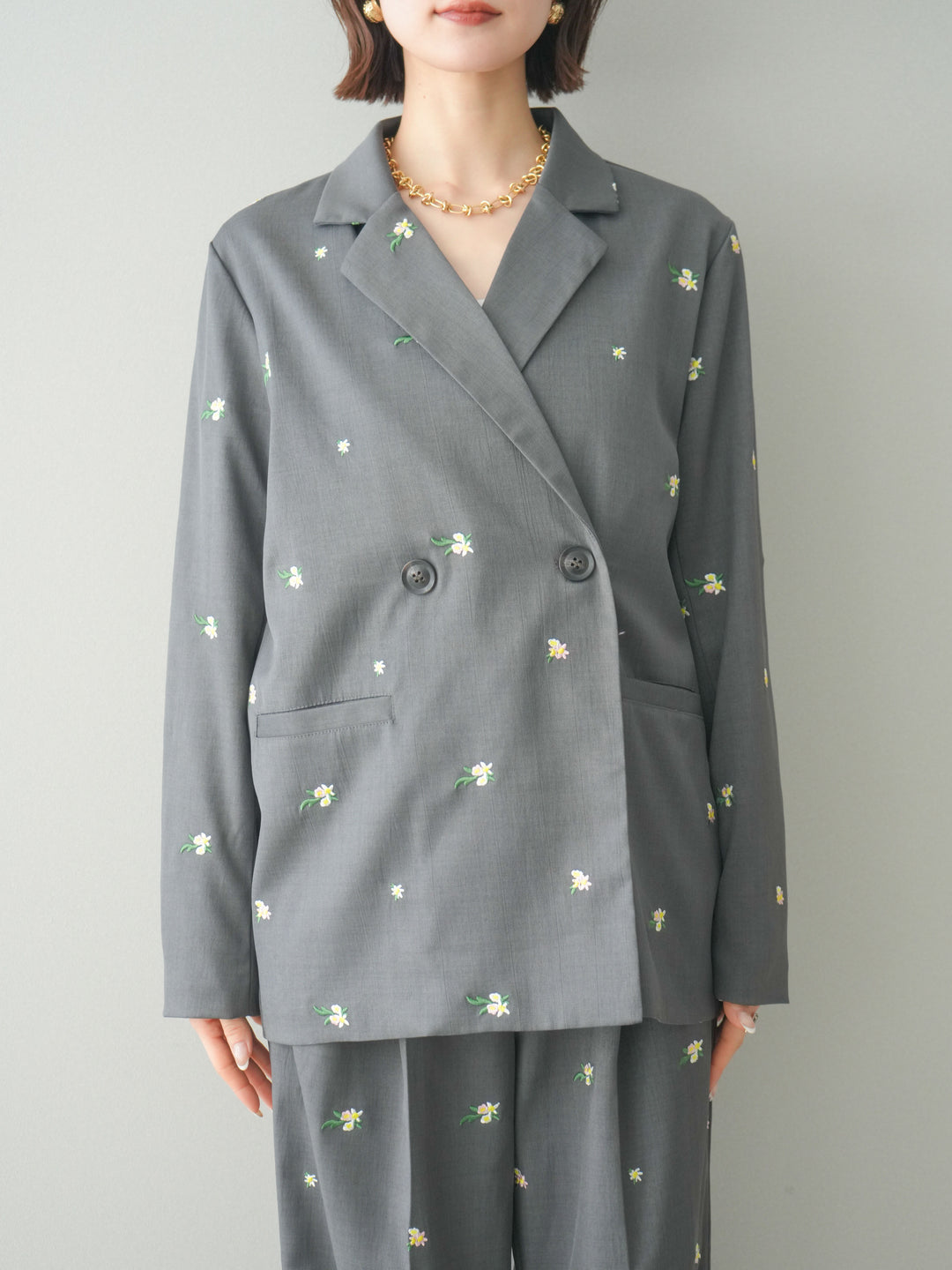 [予約]フラワー刺繍テーラードジャケット/gray
