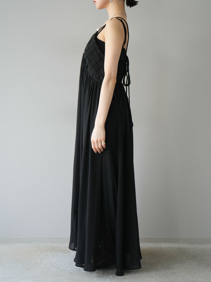 [予約]編み込みデザインシフォンワンピース/ブラック
