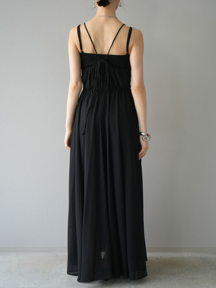 [予約]編み込みデザインシフォンワンピース/ブラック