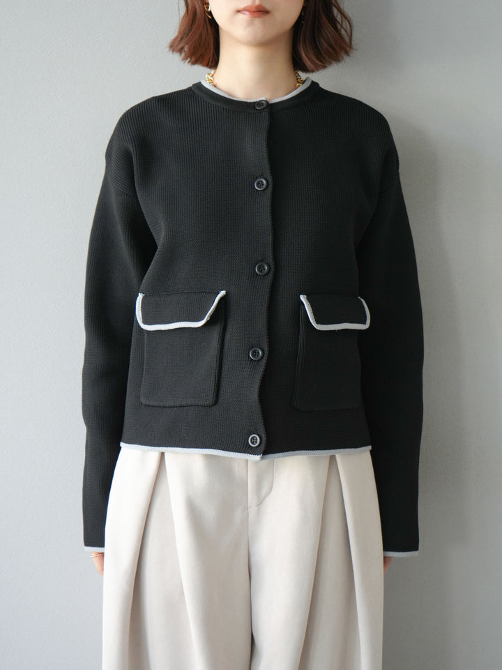 [予約]ポリエステル配色クルーネックカーディガン/ブラック