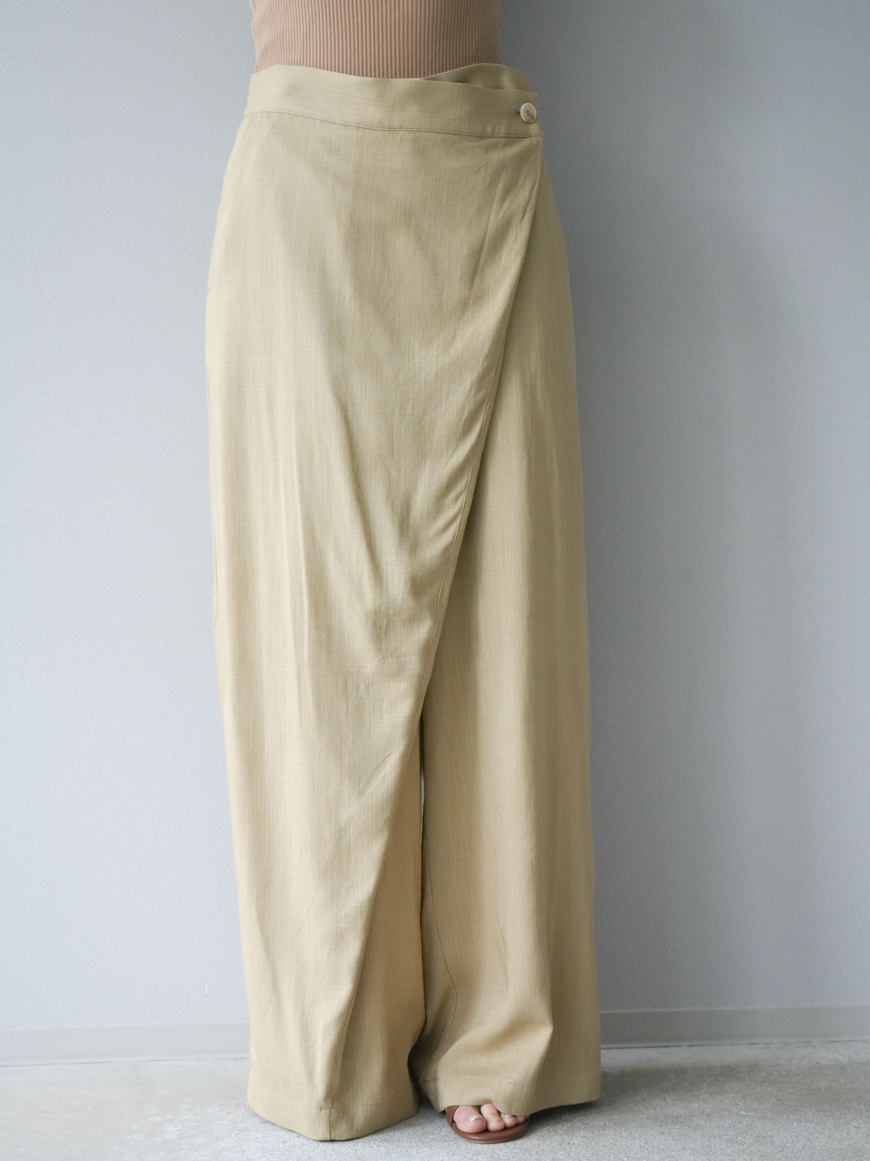 予約]ライトリネンアシンメトリーワイドパンツ/ベージュ – Lumier