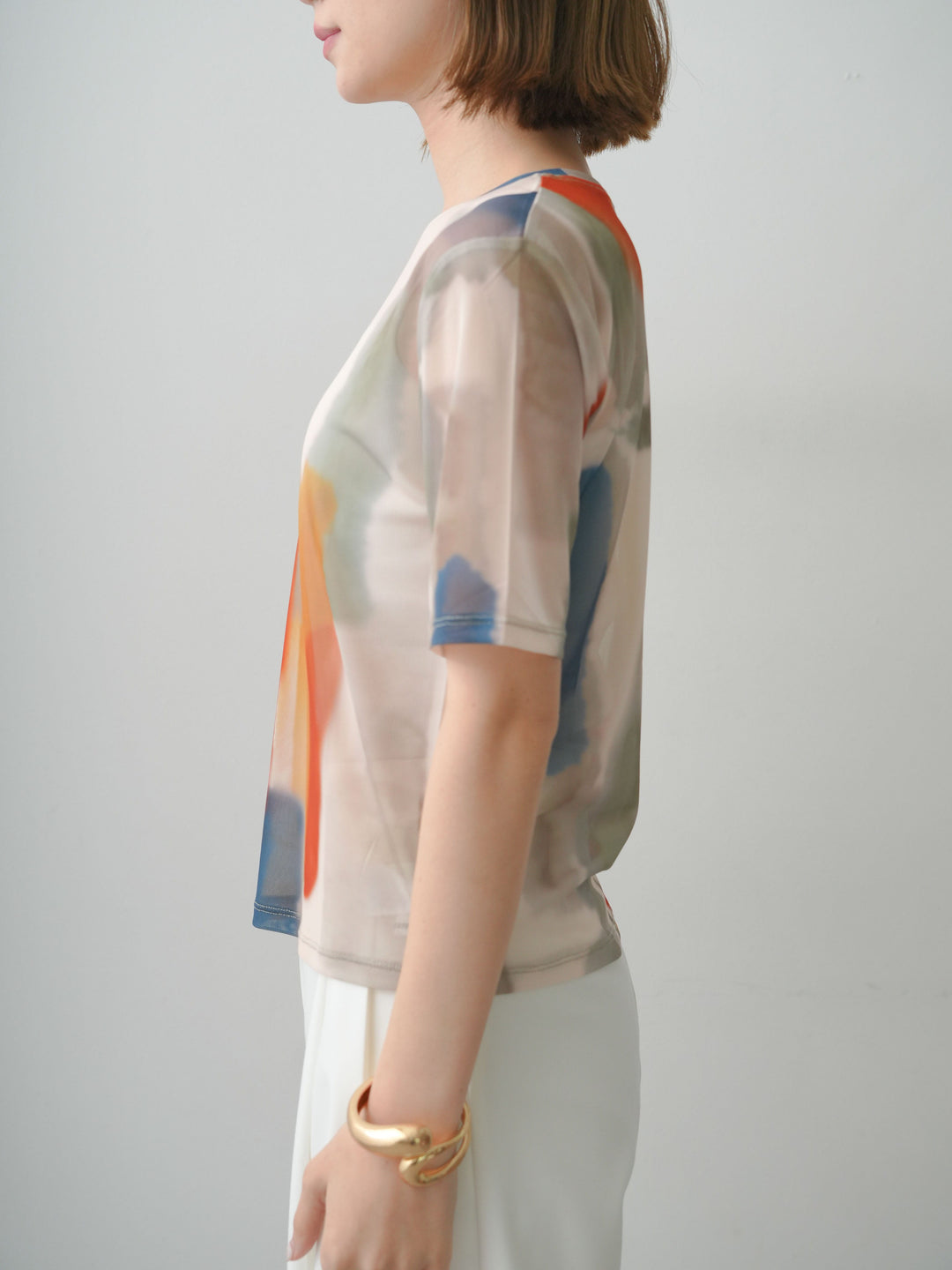 [予約]水彩柄メッシュシアー半袖プルオーバー/ivory