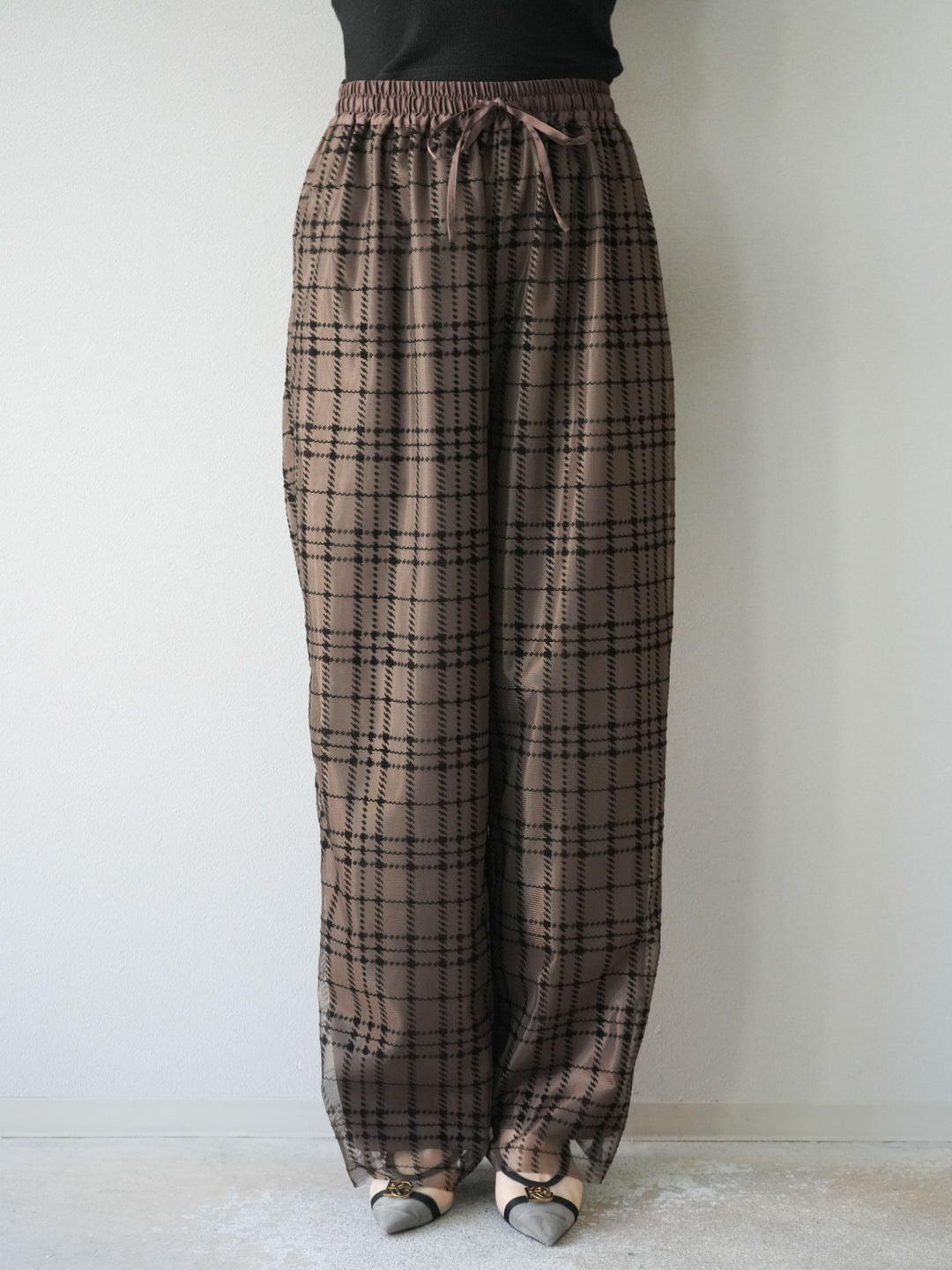 [予約]チェック柄チュールドッキングイージーパンツ/ブラウン